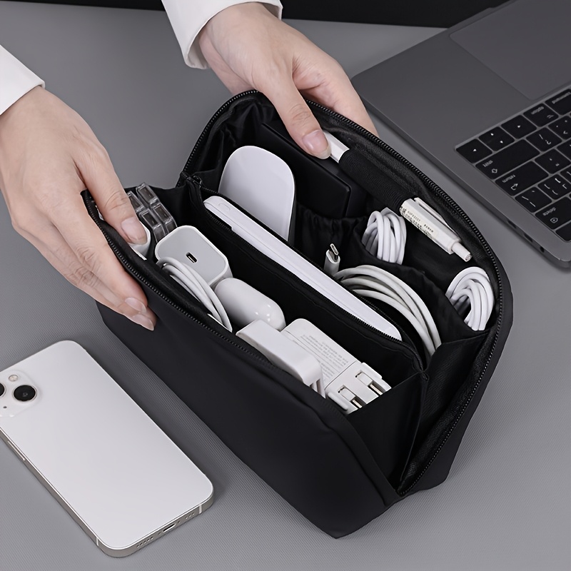 Tech Accessories Bag - กระเป๋าจัดระเบียบอุปกรณ์อิเล็กทรอนิกส์แบบพกพา-สำหรับเก็บสายเคเบิล/ที่ชาร์จ/โทรศัพท์, ทำจากหนัง PU ทนทาน เหมาะสำหรับการเดินทาง