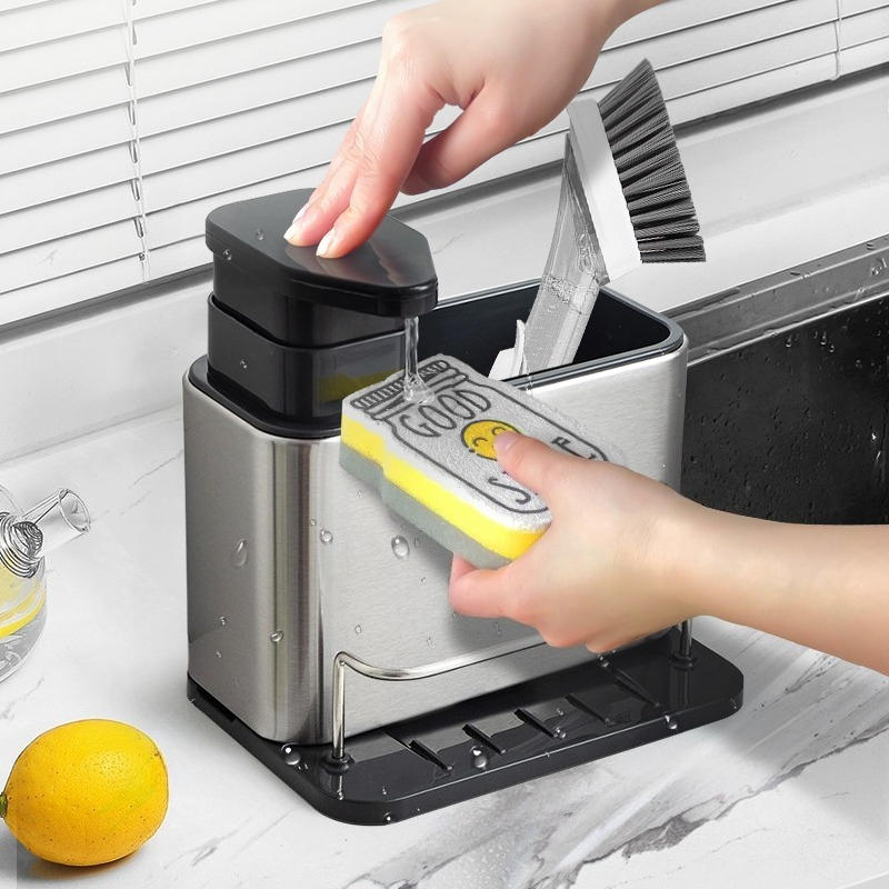 Tech Accessories Organizer - ที่วางฟองน้ำและที่จ่ายสบู่อเนกประสงค์ สแตนเลส 1 ชิ้น สำหรับอ่างล้างจาน อุปกรณ์จัดระเบียบในครัว